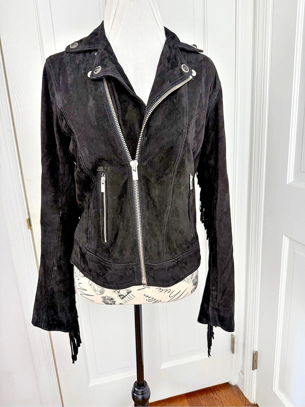 The Kooples Suede Fringe Biker Jacket Black Small